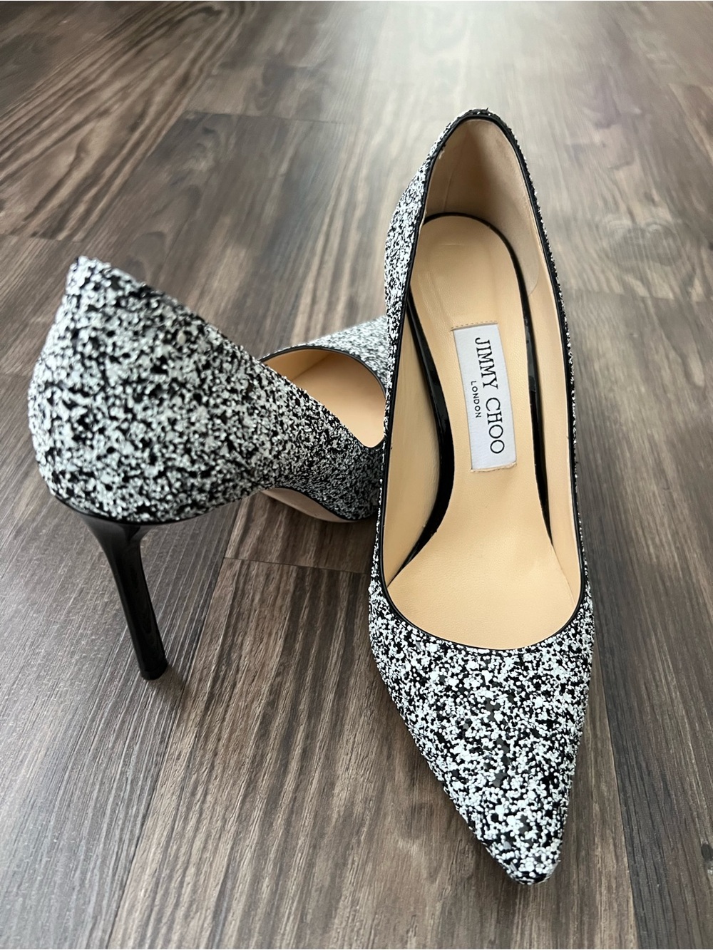 Jimmy Choo Authentic Romy 100 HGF Black/White Dotted Coarse Glitter Pointy Heels